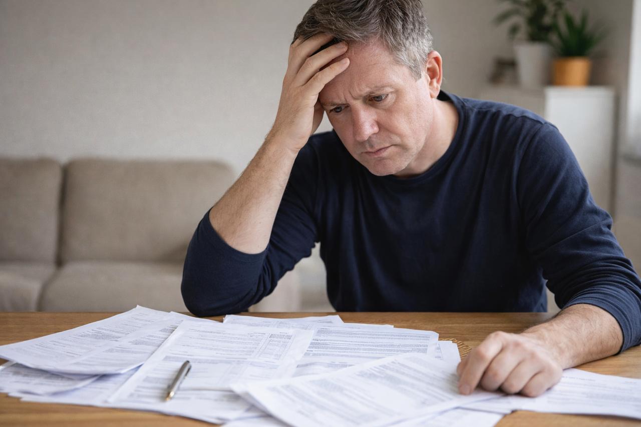 Persoană analizând acte și documente la masă